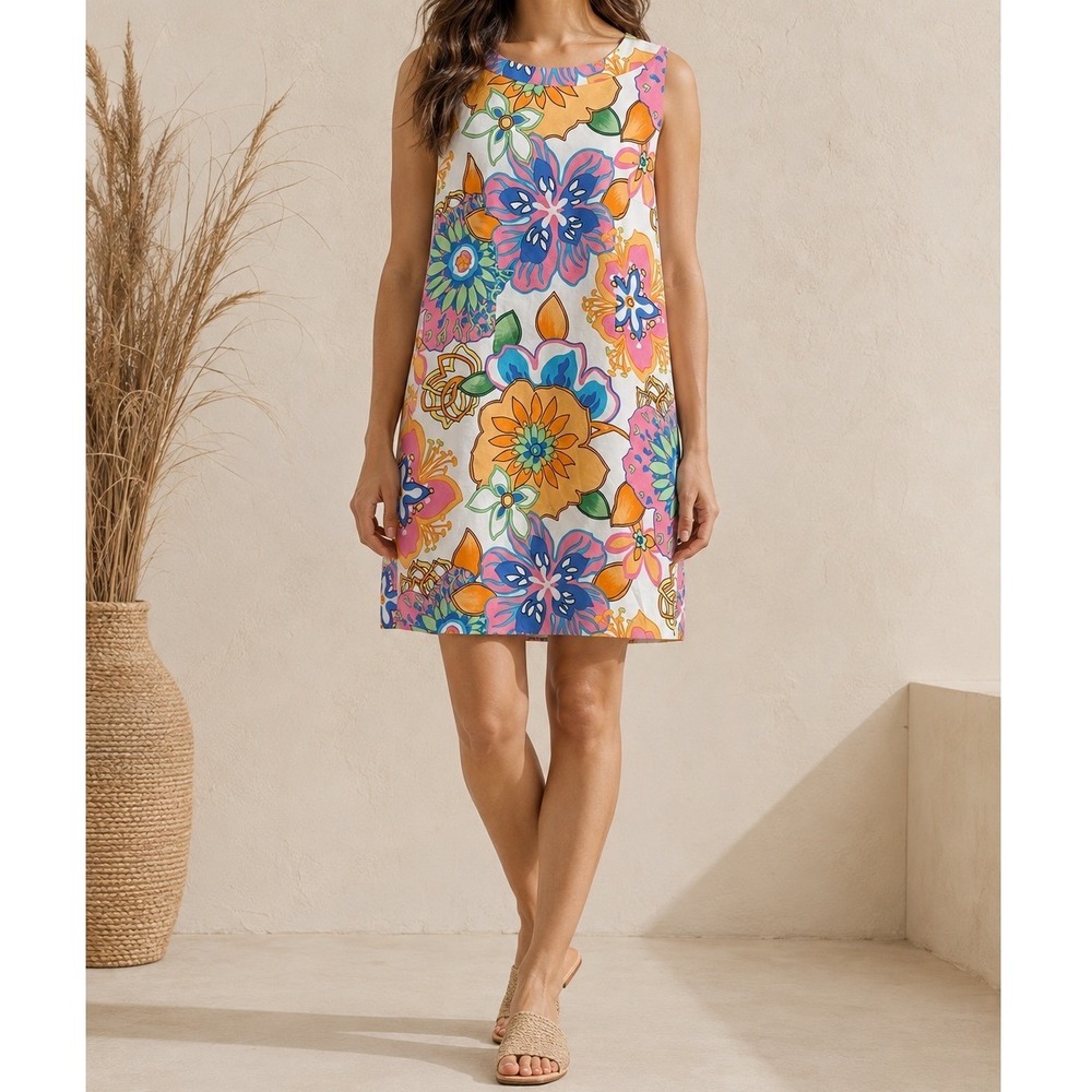 Talbots Petites Floral Shift Dress Pink Orange Blue Mod Sleeveless 12P Retro yy